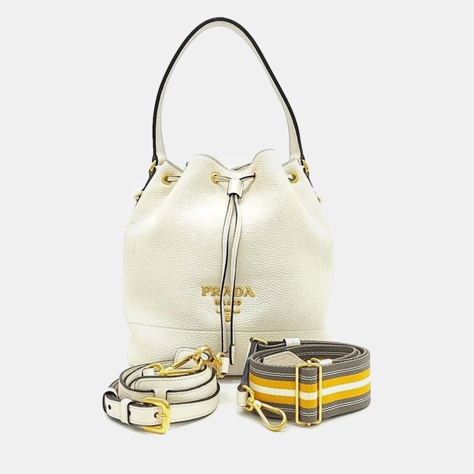 Prada White Leather Vitello Dino bucket bag