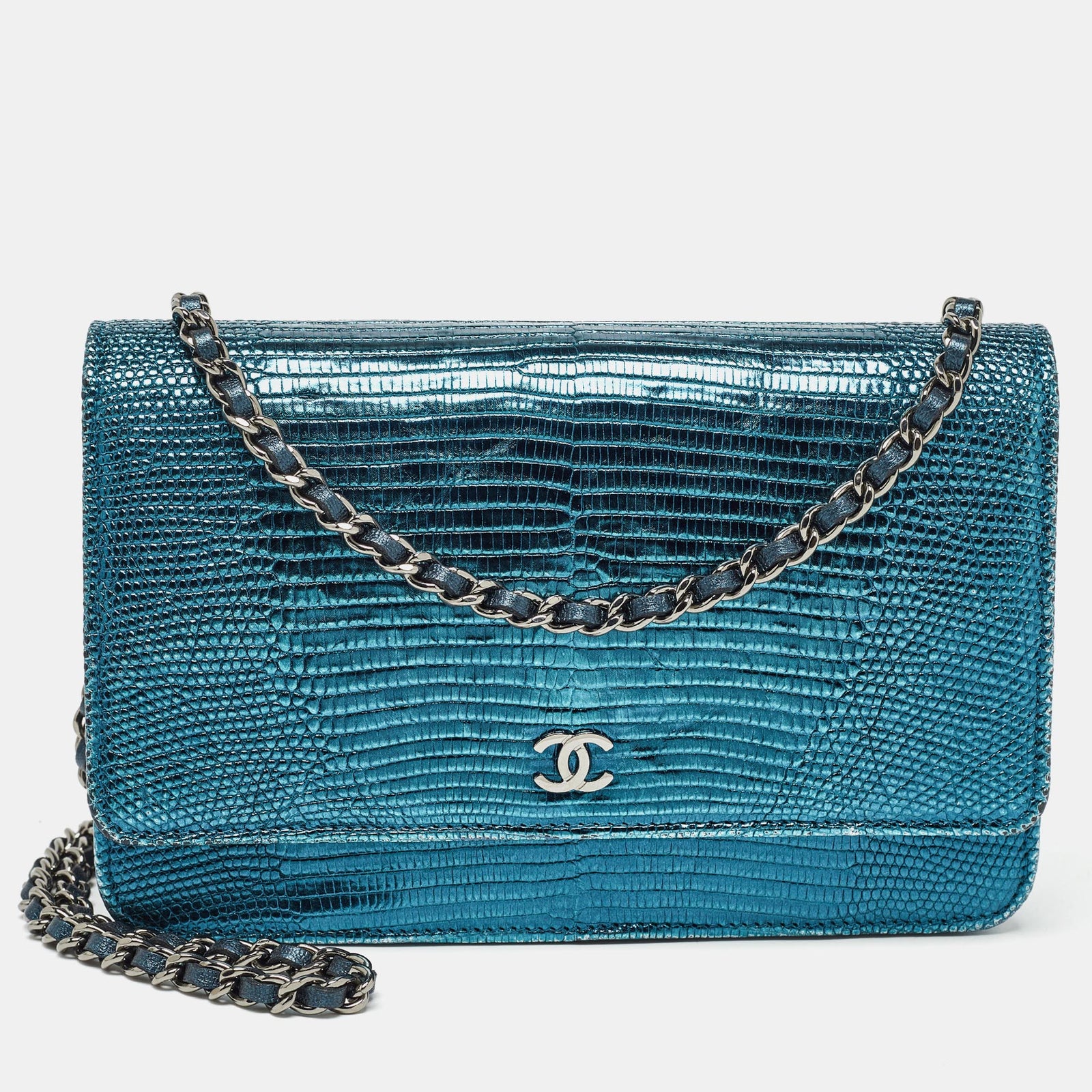 Chanel Metallic Teal Lizard CC Classic Geldbörse mit Kette