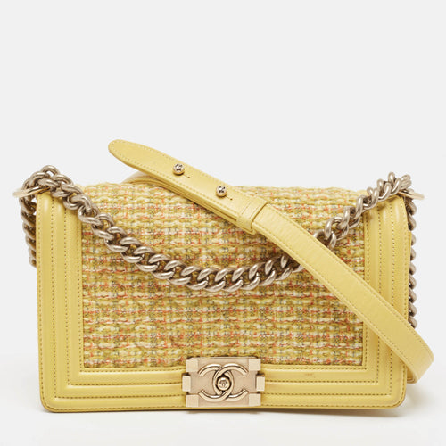 Yellow Quilted Tweed and Leather Medium Boy Flap Bag