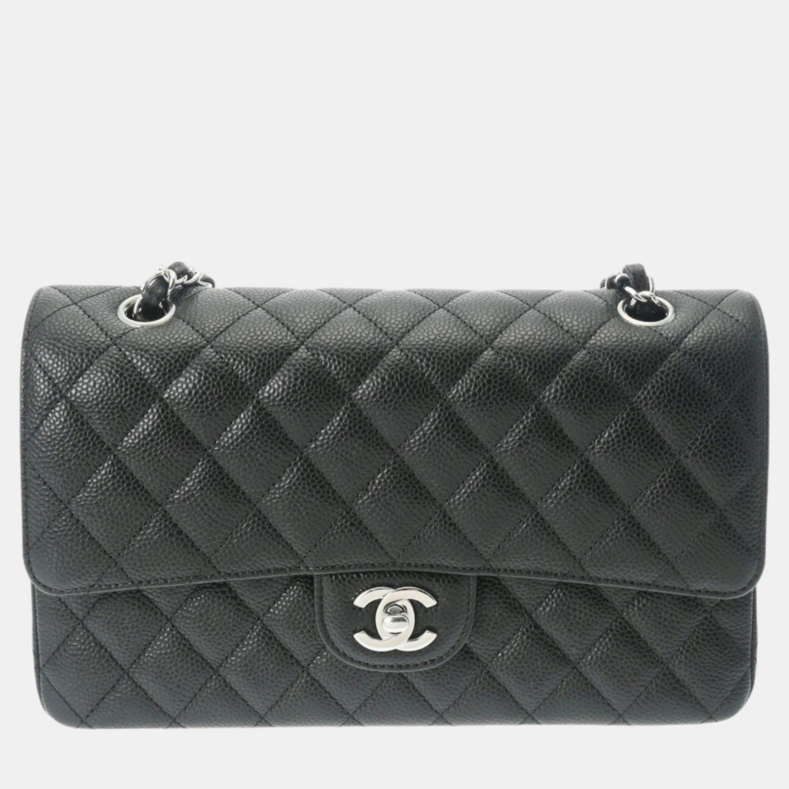 Chanel Schwarze Matelassé-Schultertasche aus Kaviarhaut mit Kette und Doppelklappe, 25 cm