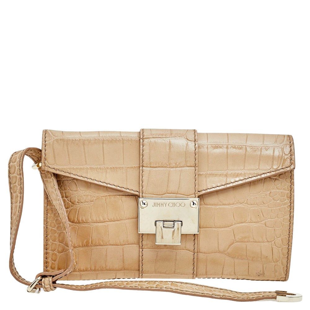 Beige Croc Embossed Leather Clutch