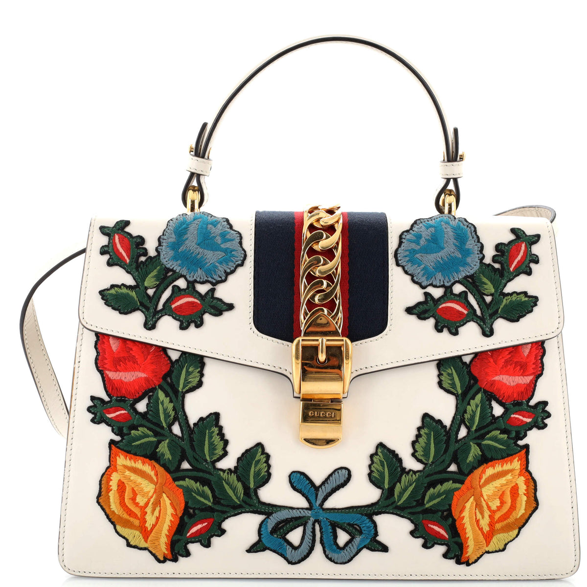 Gucci GUCCI Sylvie Top Handle Bag Embroidered Leather Medium