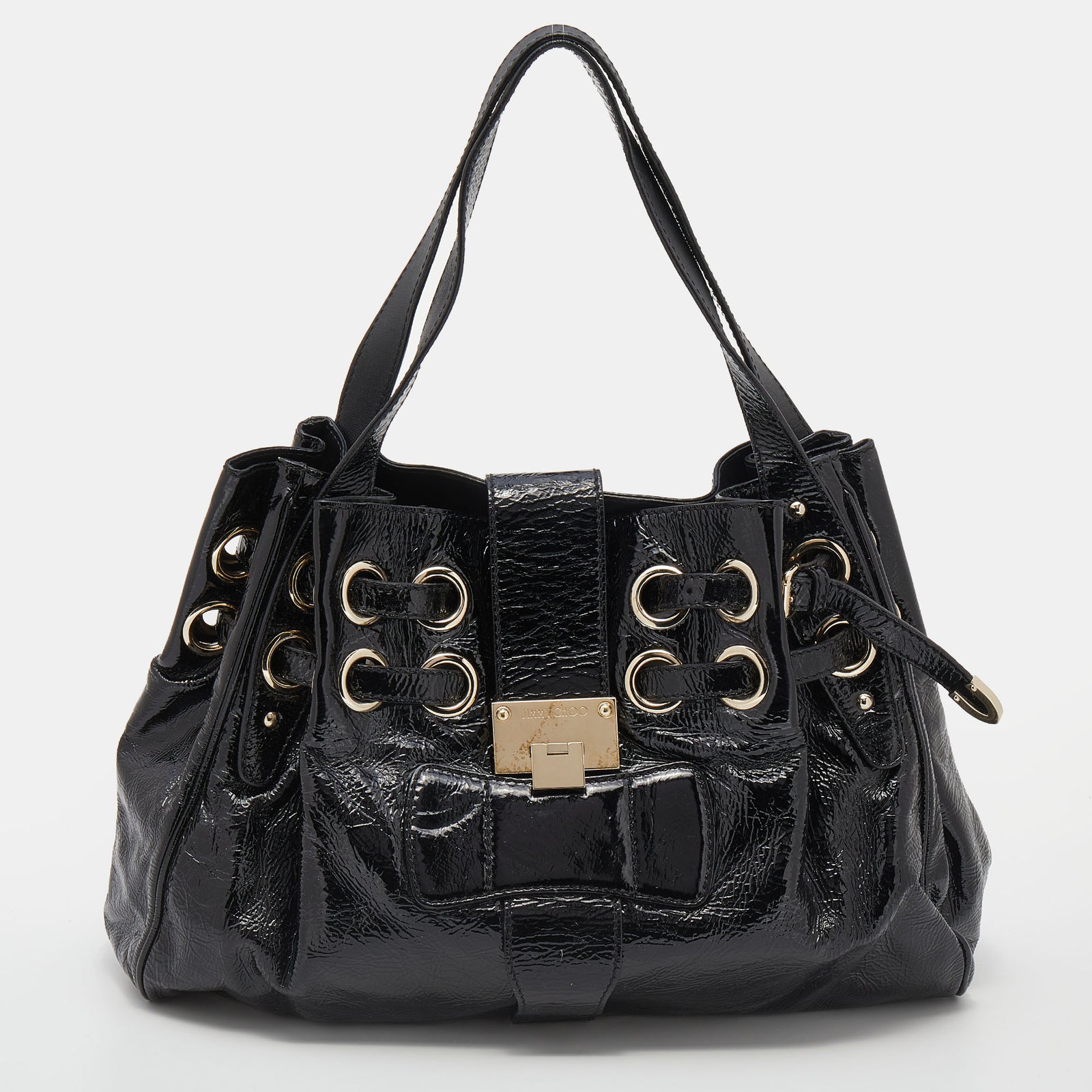 Jimmy Choo Black Crinkled Patent Leather Large Riki Tote Bag