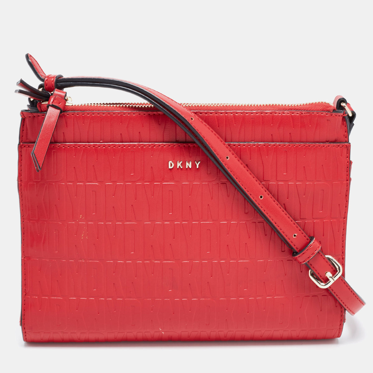 DKNY DKNY Red Logo Embossed Double Zip Crossbody Bag