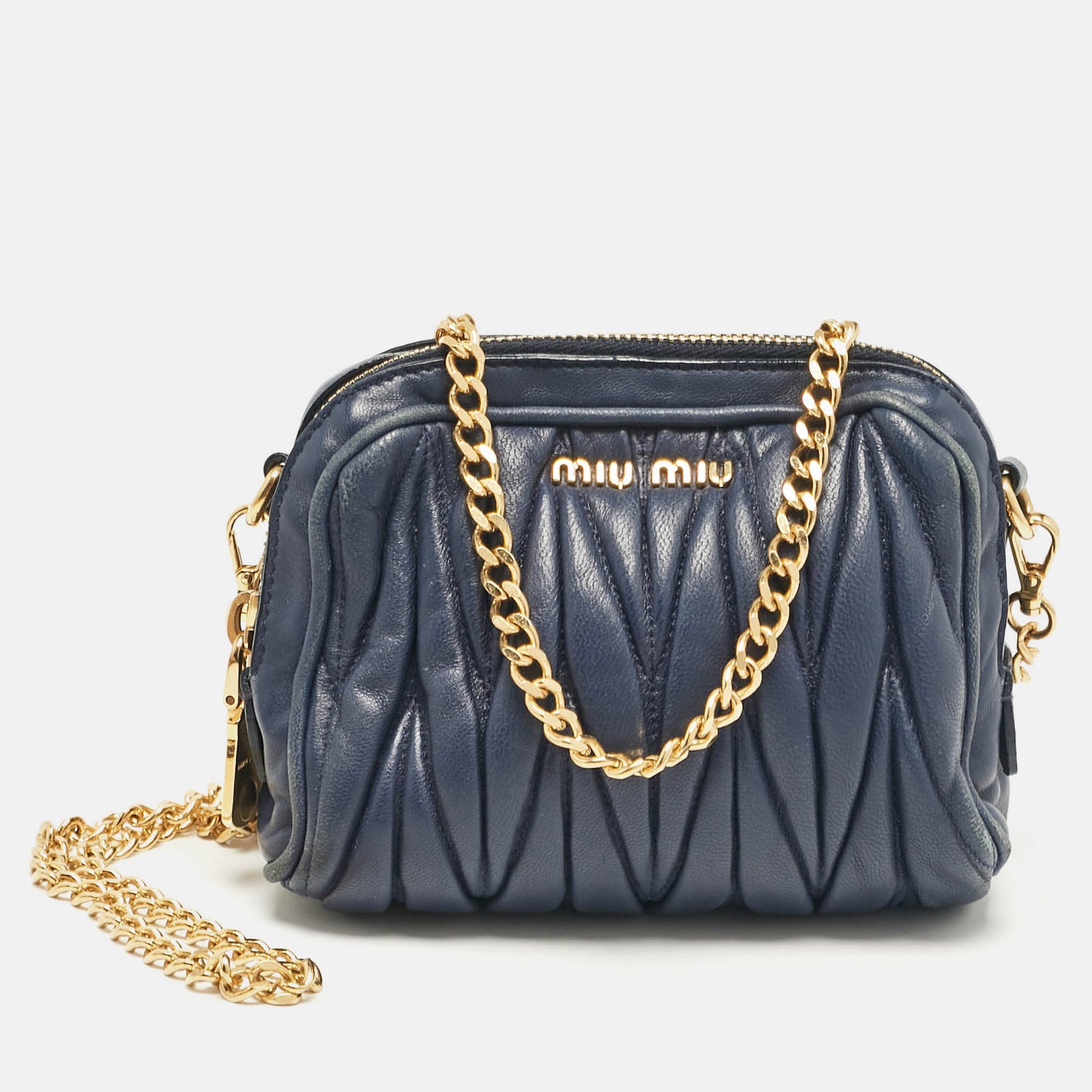 Miu Miu Blue Matelass&eacute; Leather Double Zip Crossbody Bag