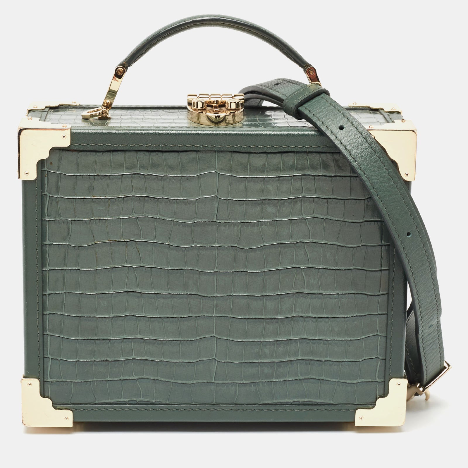 Aspinal Of London Aspinal of London Green Croc Embossed Leather Trinket Top Handle Bag