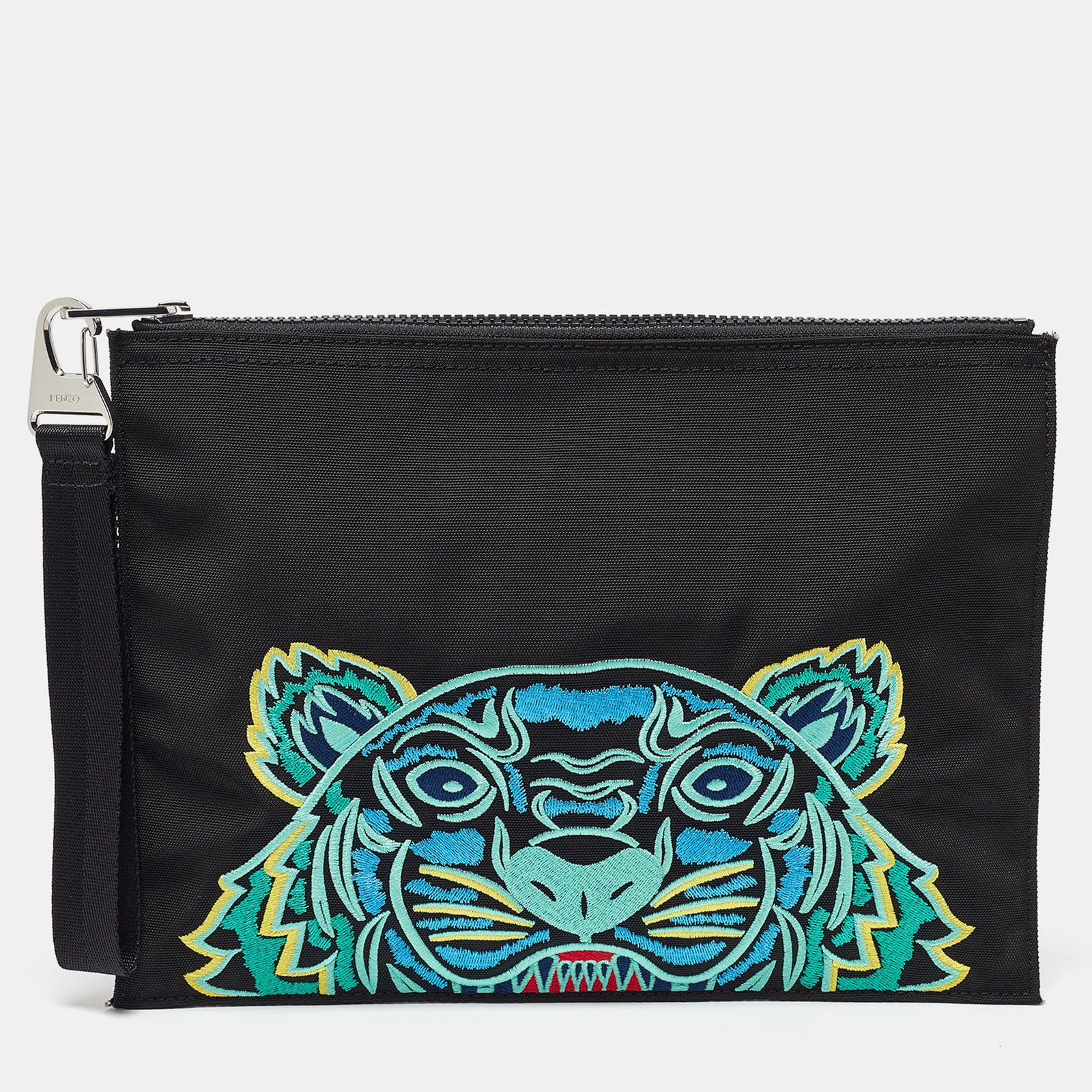 Kenzo Black Tiger Embroidered Leather Zip Flat Pouch