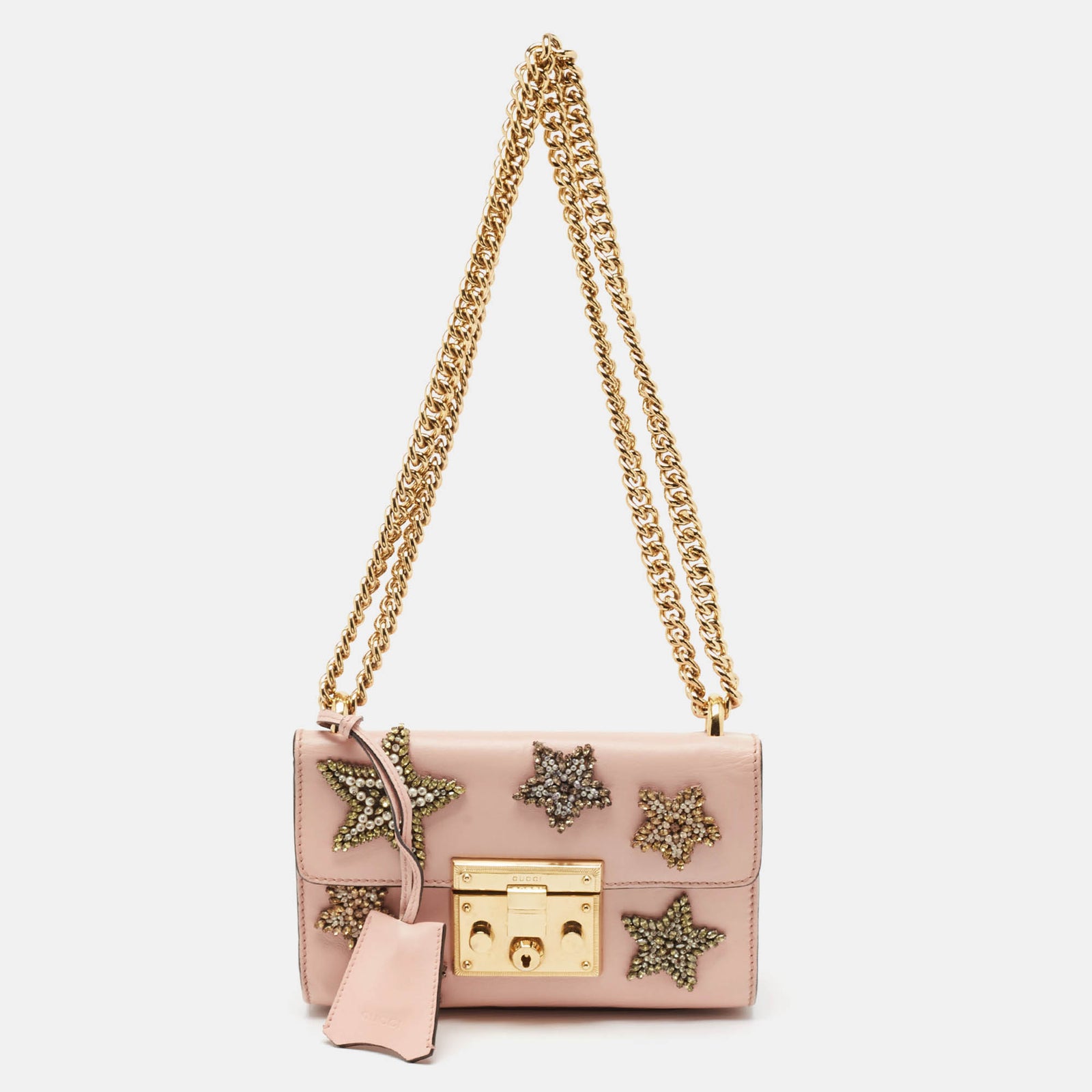 Gucci Schultertasche aus Leder mit Vorhängeschloss und kleinen Sternperlen in Rosa