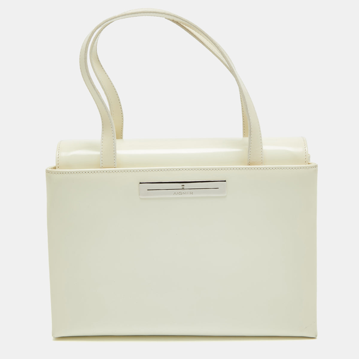 Aigner White Patent Leather Logo Flap Tote