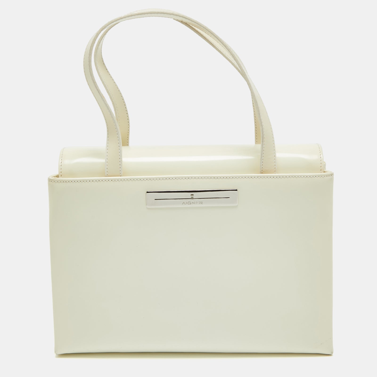 Aigner White Patent Leather Logo Flap Tote