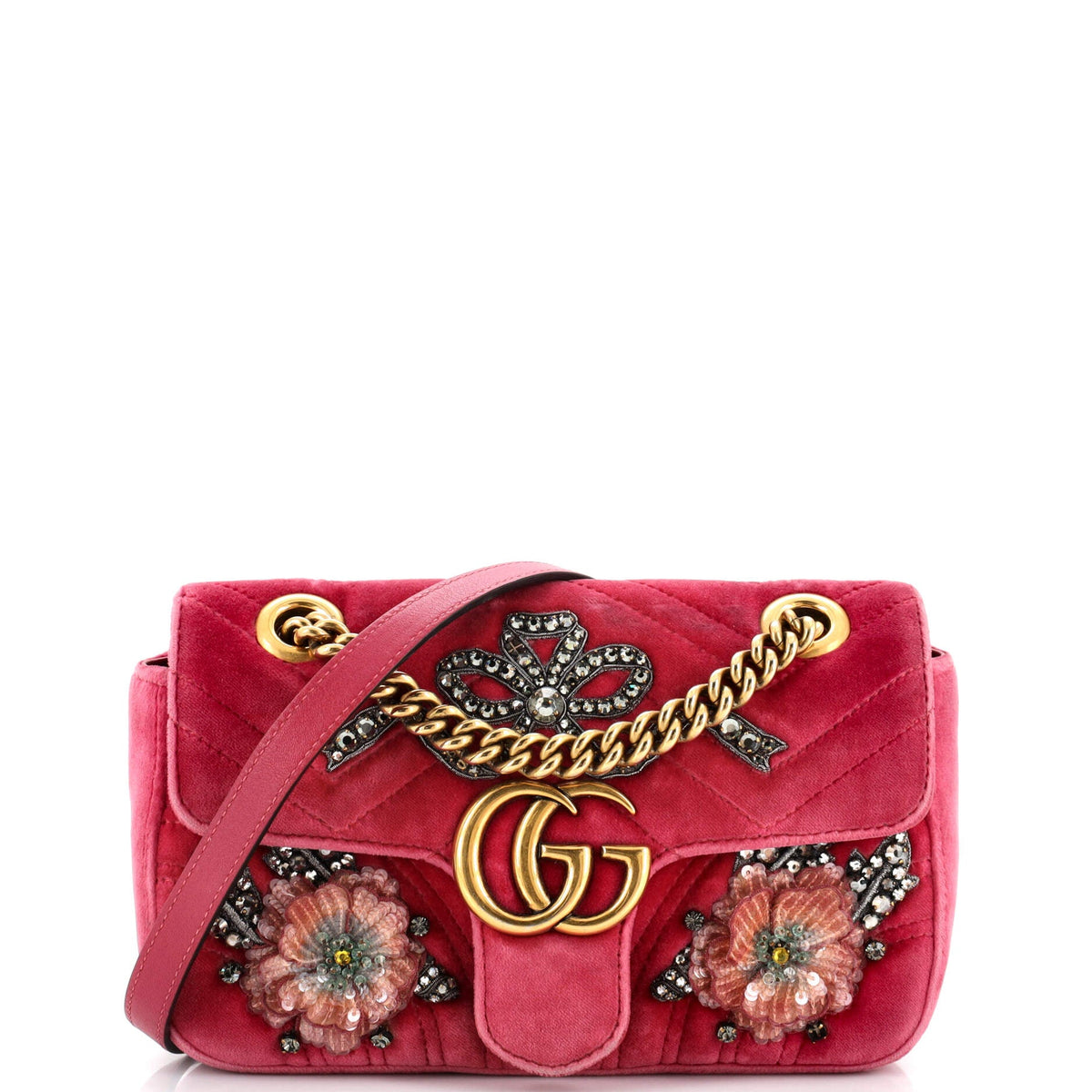 Gucci GUCCI GG Marmont Flap Bag Embellished Matelasse Velvet Mini