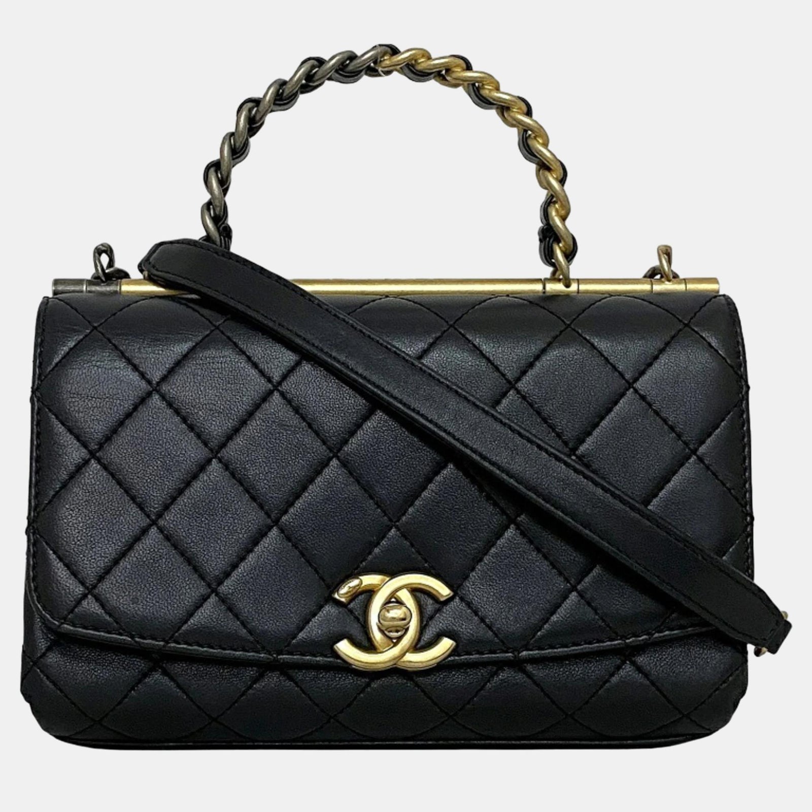 Chanel Black Quilted Lambskin Leather Small Classic Top Handle Flap Bag