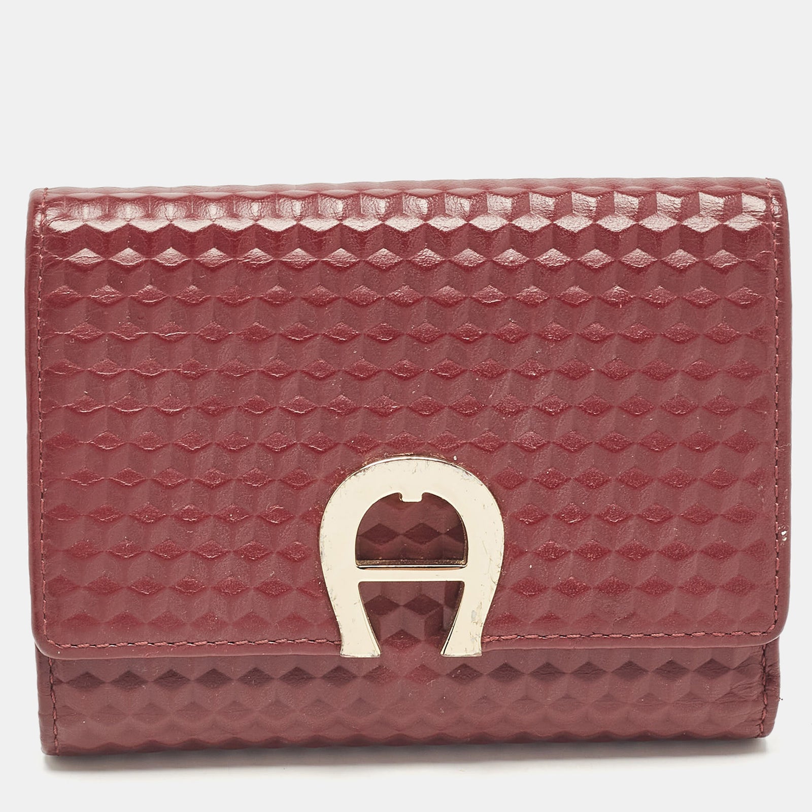 Aigner Burgundy Embossed Leather Genoveva Trifold Compact Wallet