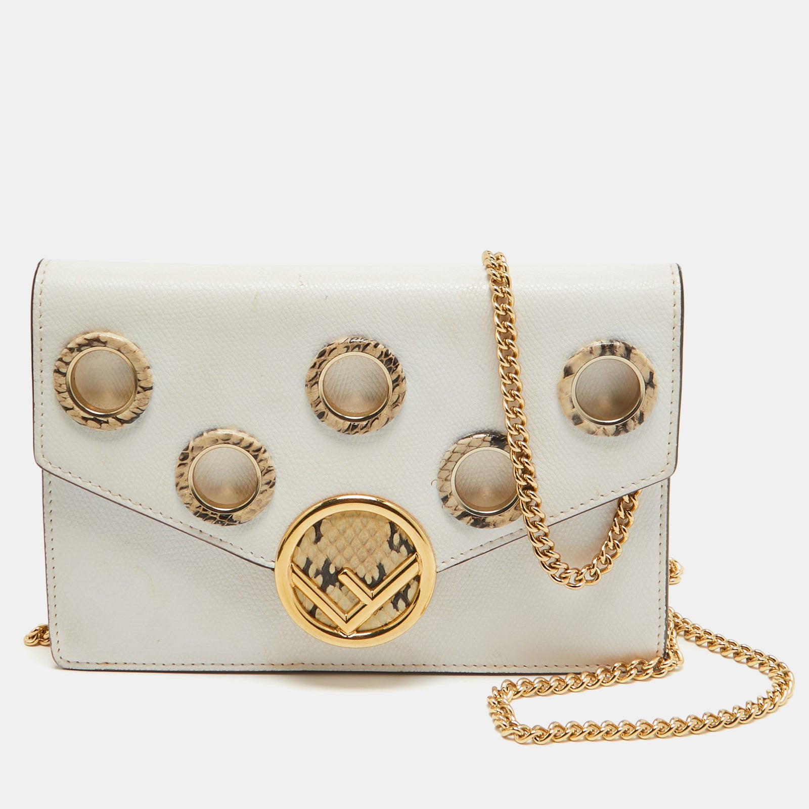 Fendi White Leather and Python Trim F is Wallet on Chain