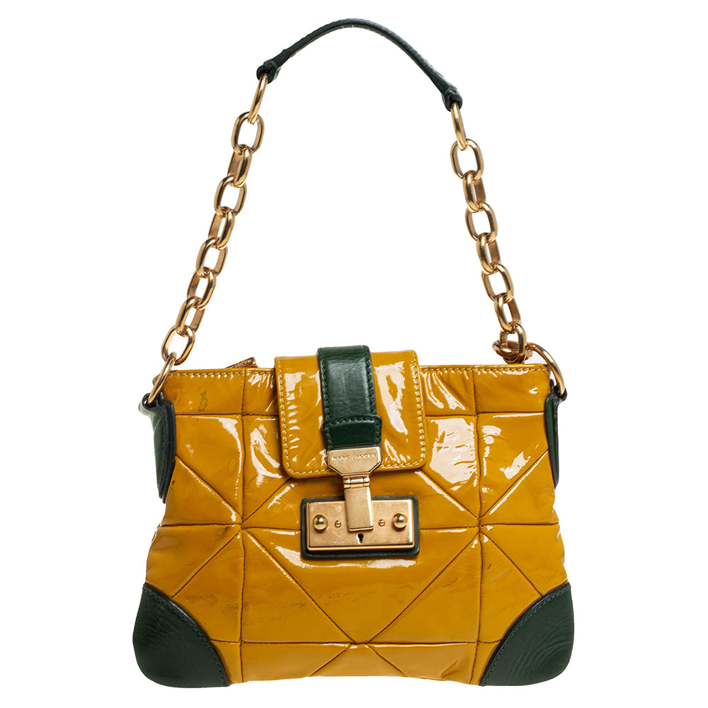 Marc Jacobs Mustard Yellow/Green Patent Leather And Leather Shoulder Bag