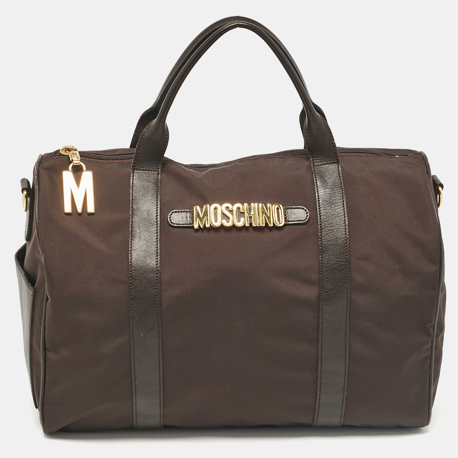 Moschino Dunkelbraune Boston-Tasche aus Nylon mit Logo