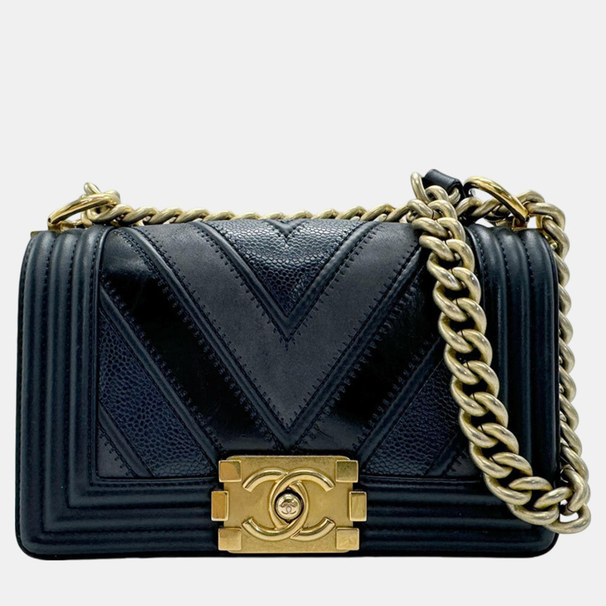Chanel Metal Navy Gold Leather Boy Bag