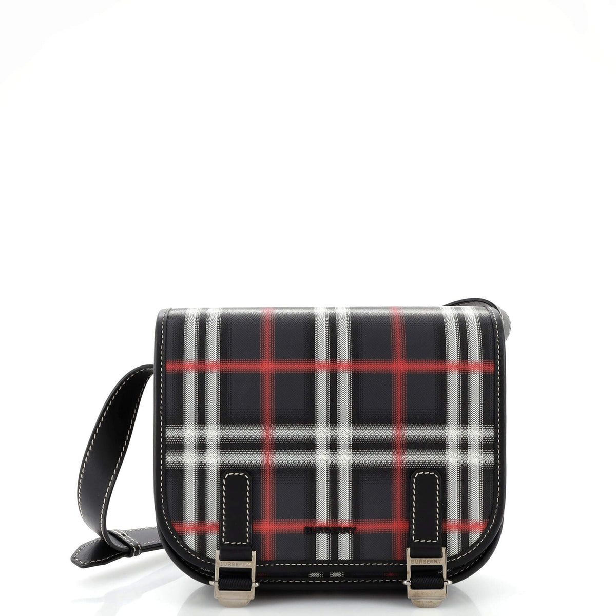 Burberry Double Buckle Flap Messenger Bag Rider Check Coated Canvas Small