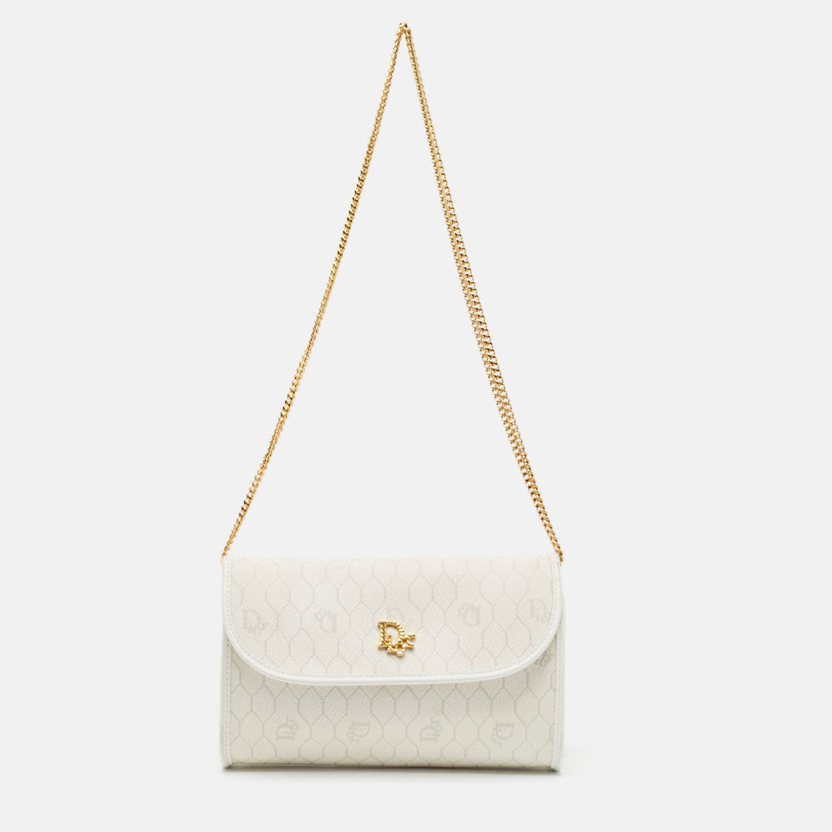 Dior White Honeycomb Monogram Coated Canvas and Leather Chain Clutch