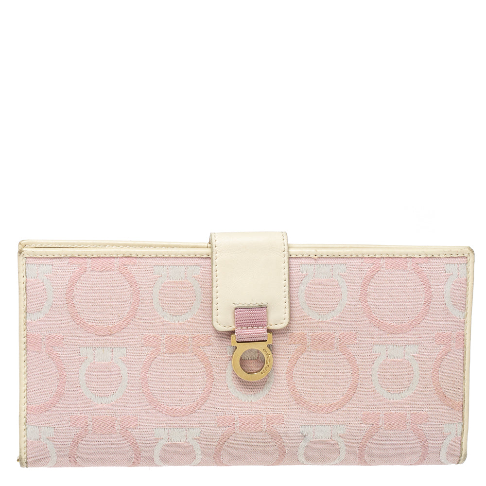 Salvatore Ferragamo Pink/Cream Gancini Canvas and Leather Wallet