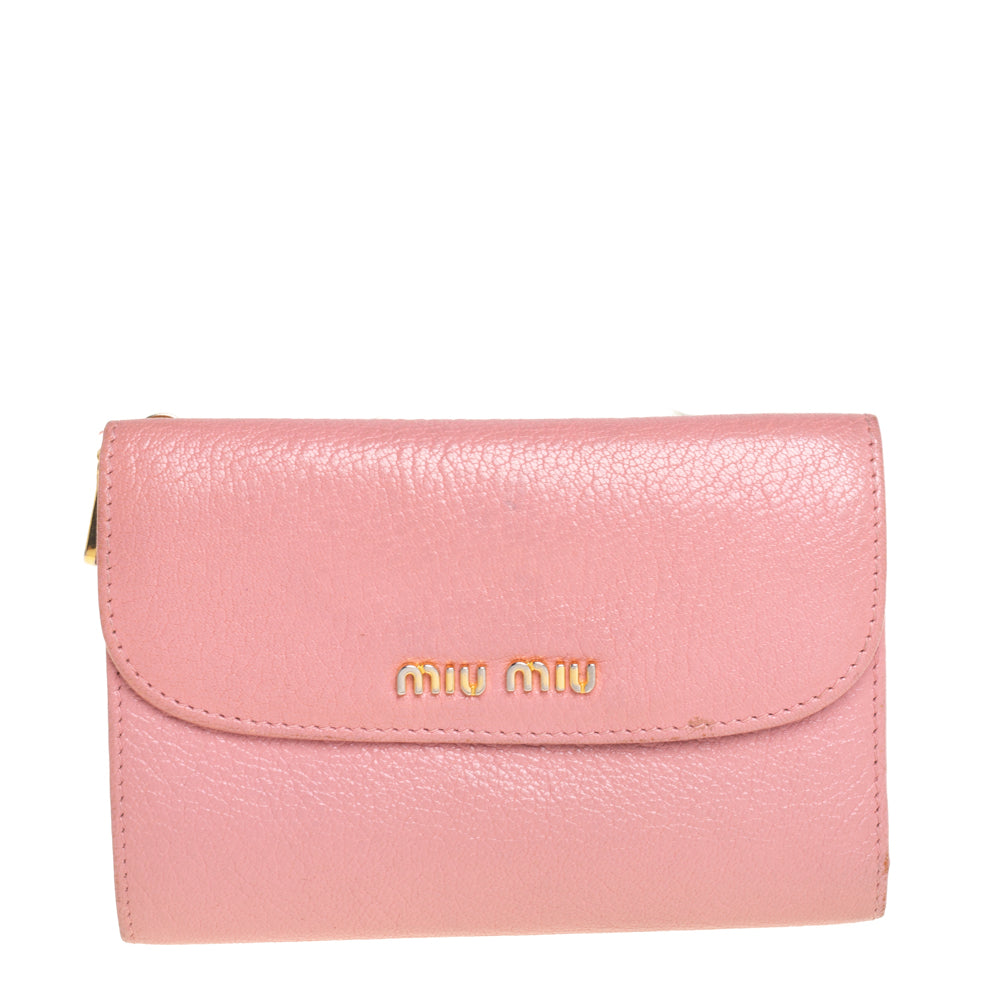 Miu Miu Pink Leather Madras Compact Wallet