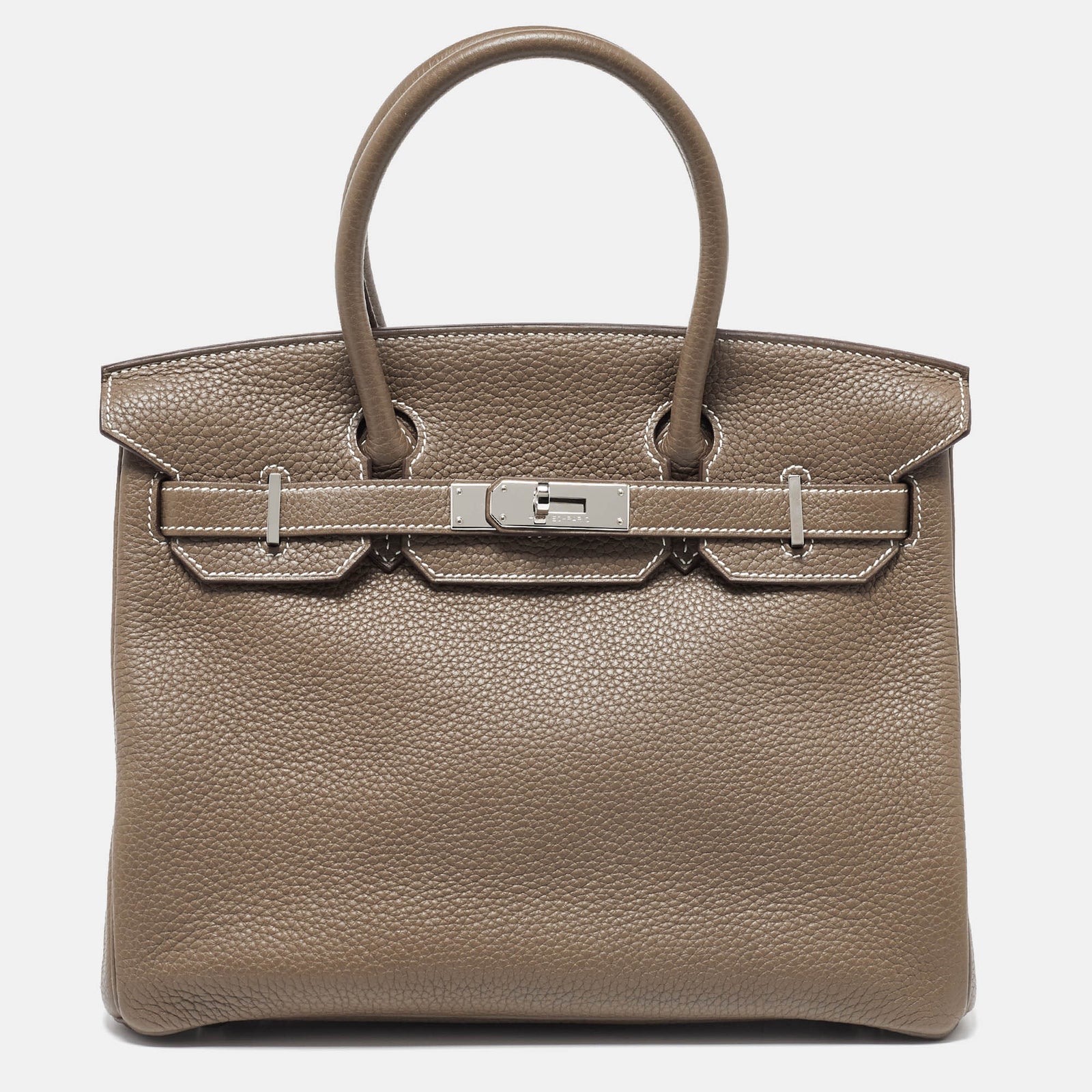 Herm?s Birkin 30 Tasche „Clémence“ aus Taurillion-Leder in Palladium-Finish in Etoupe-Grau