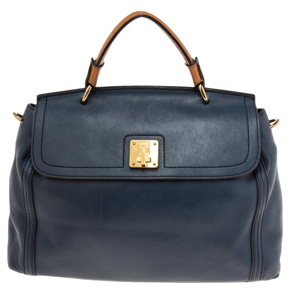 MCM Blue Leather Turn Lock Flap Top Handle Bag