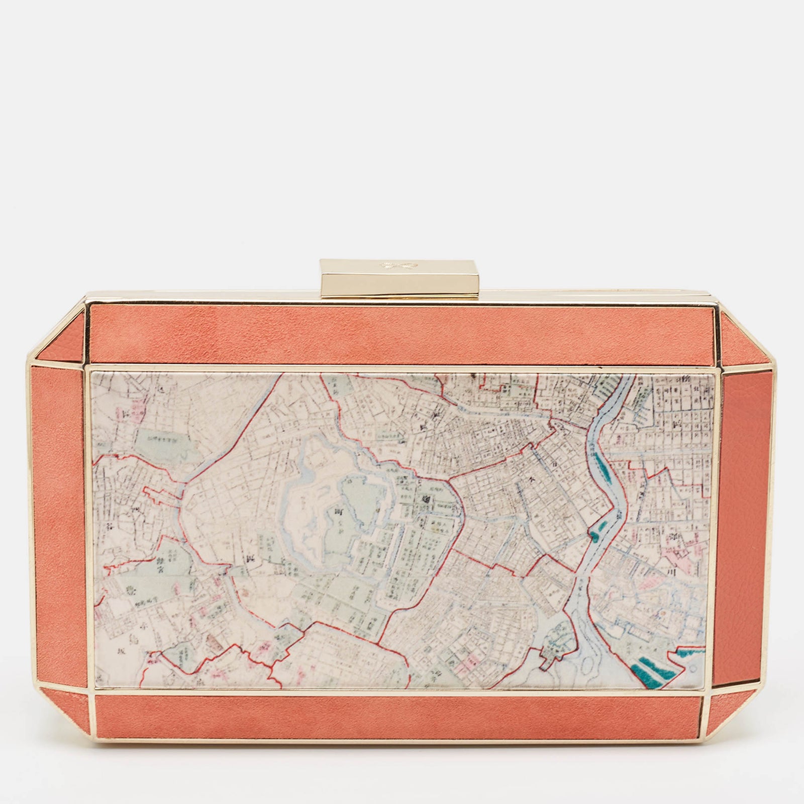 Anya Hindmarch Coral Orange Map Fabric and Suede Duke Box Clutch