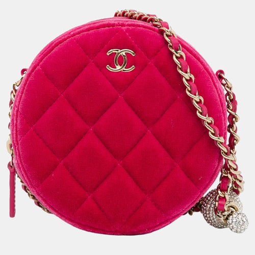 Pink Velvet Pearl Crush Round Clutch with Chain