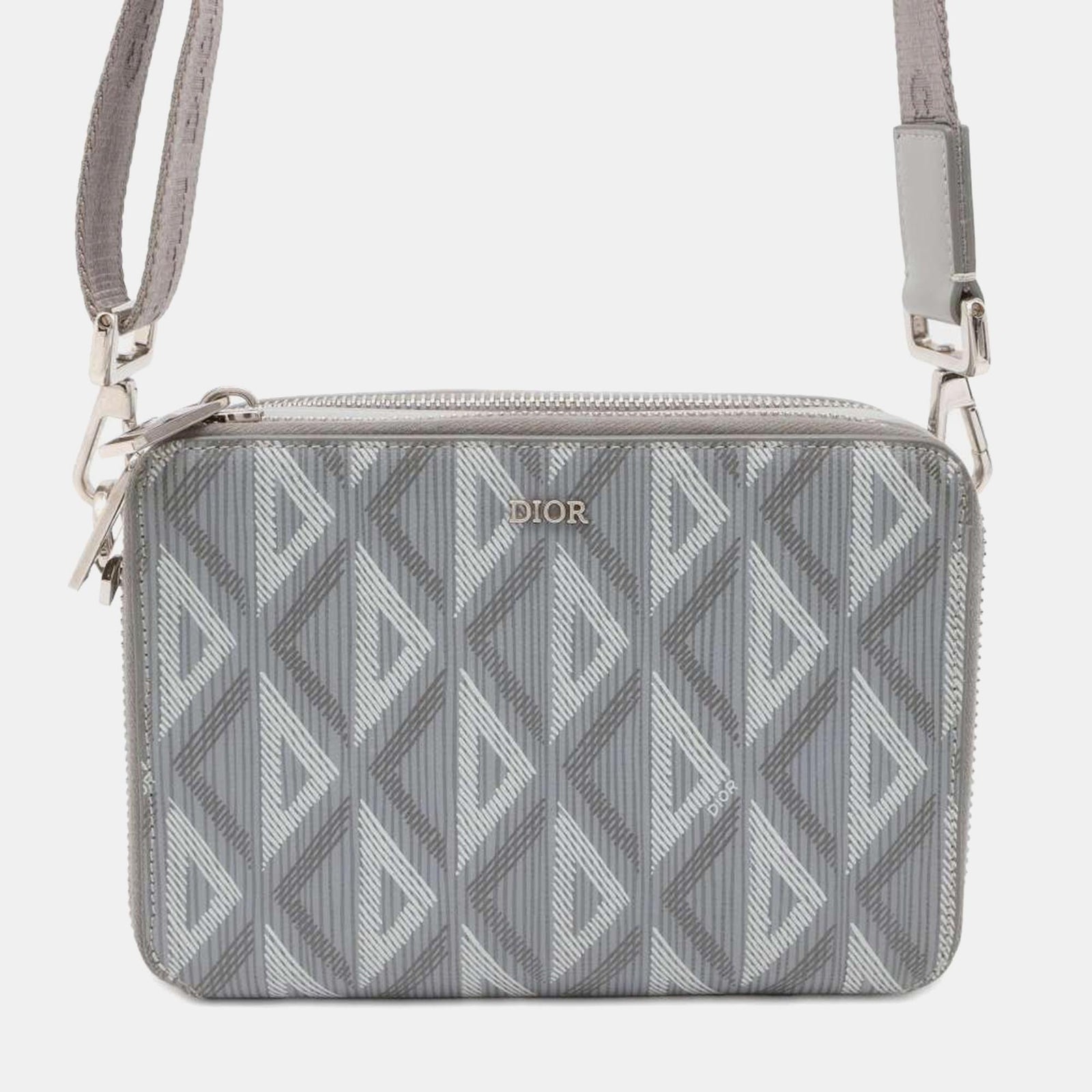 Dior Sac à bandoulière à double fermeture éclair en cuir oblique gris Galaxy