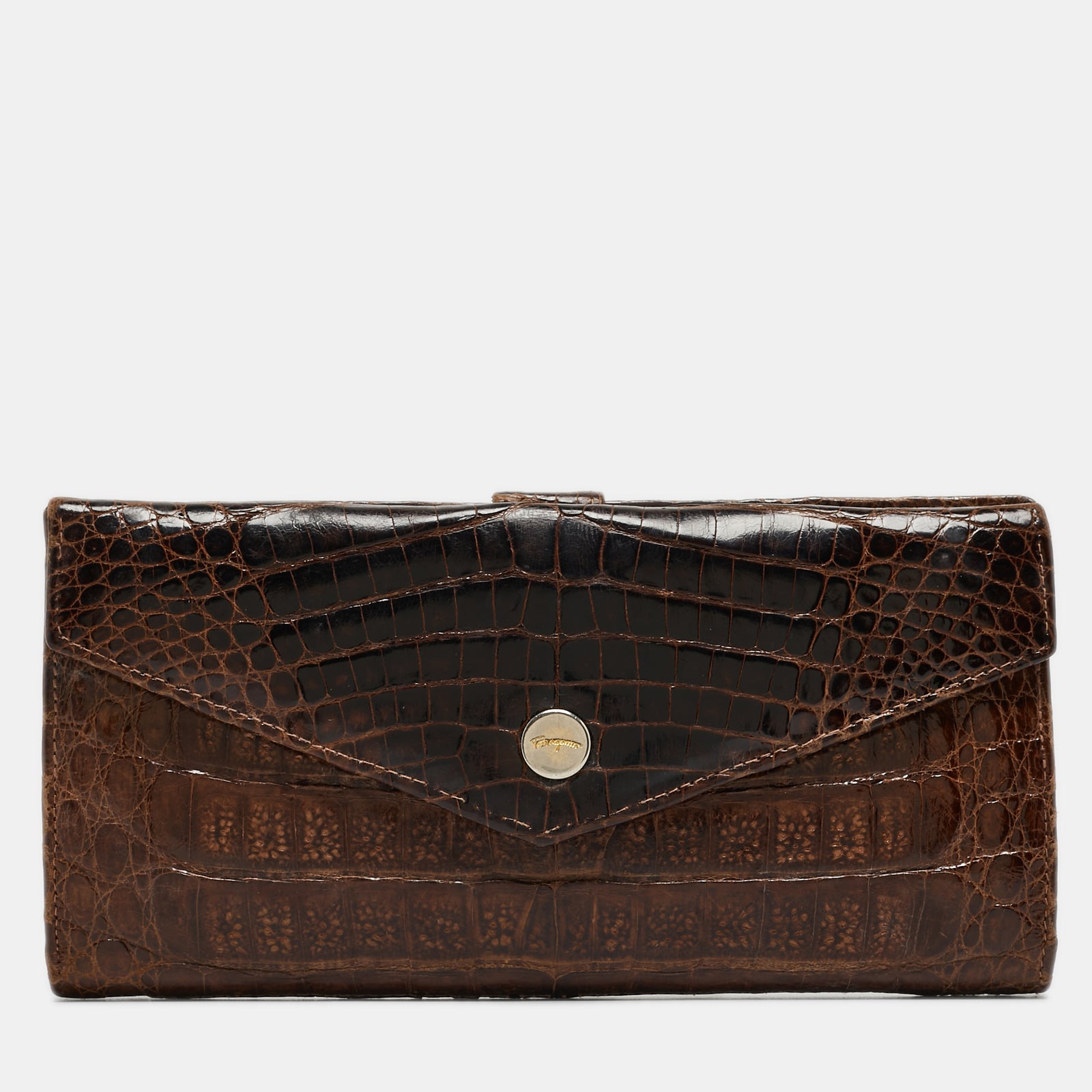 Salvatore Ferragamo Dark Brown Crocodile Envelope Continental Wallet