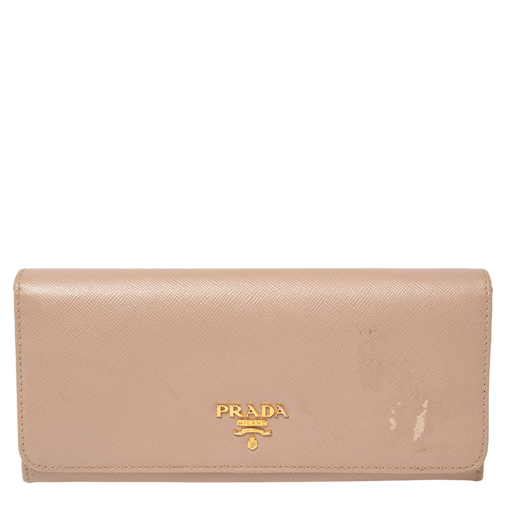 Prada Beige Saffiano Lux Leather Flap Continental Wallet