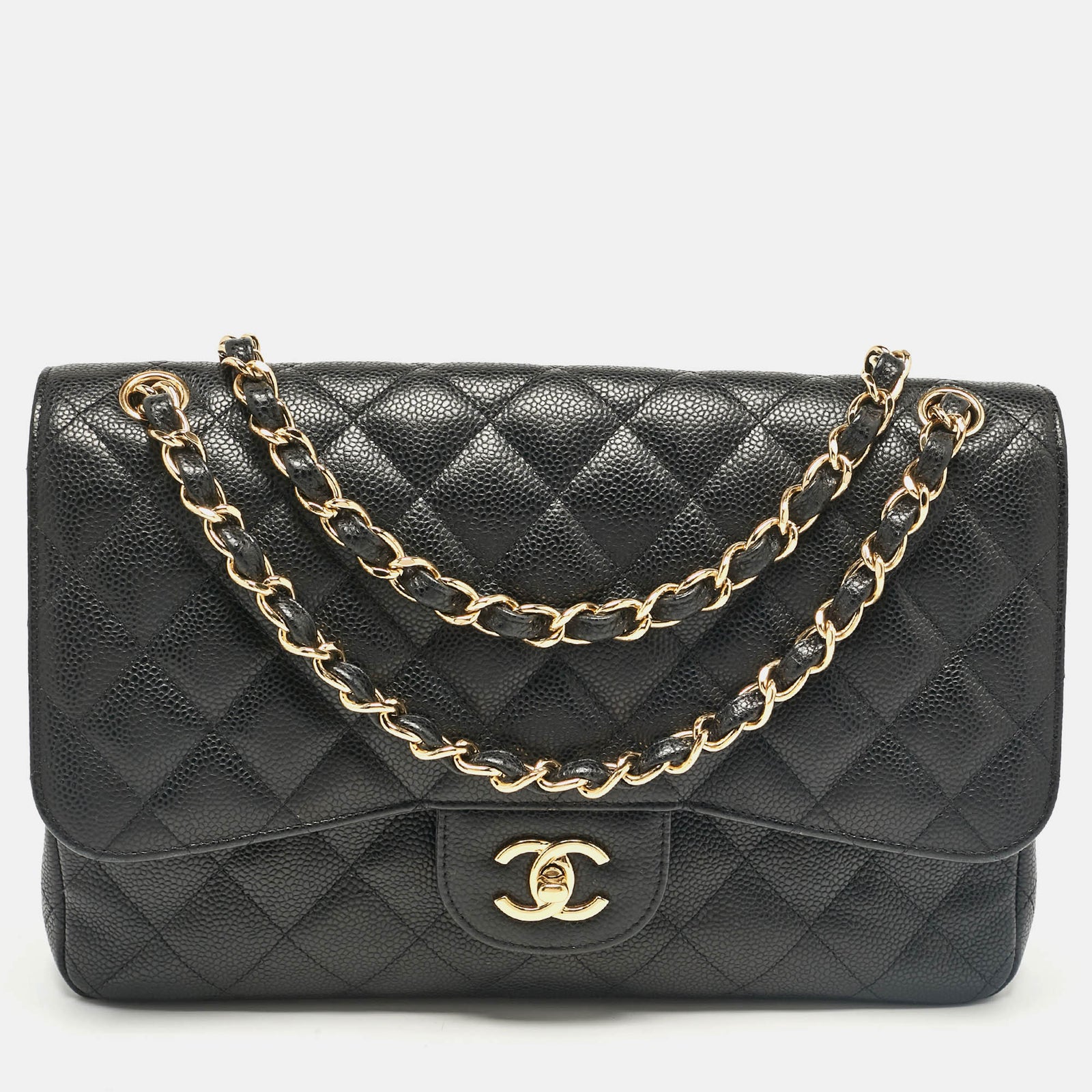 Chanel Klassische Jumbo-Tasche mit Doppelklappe aus schwarzem Kaviarleder