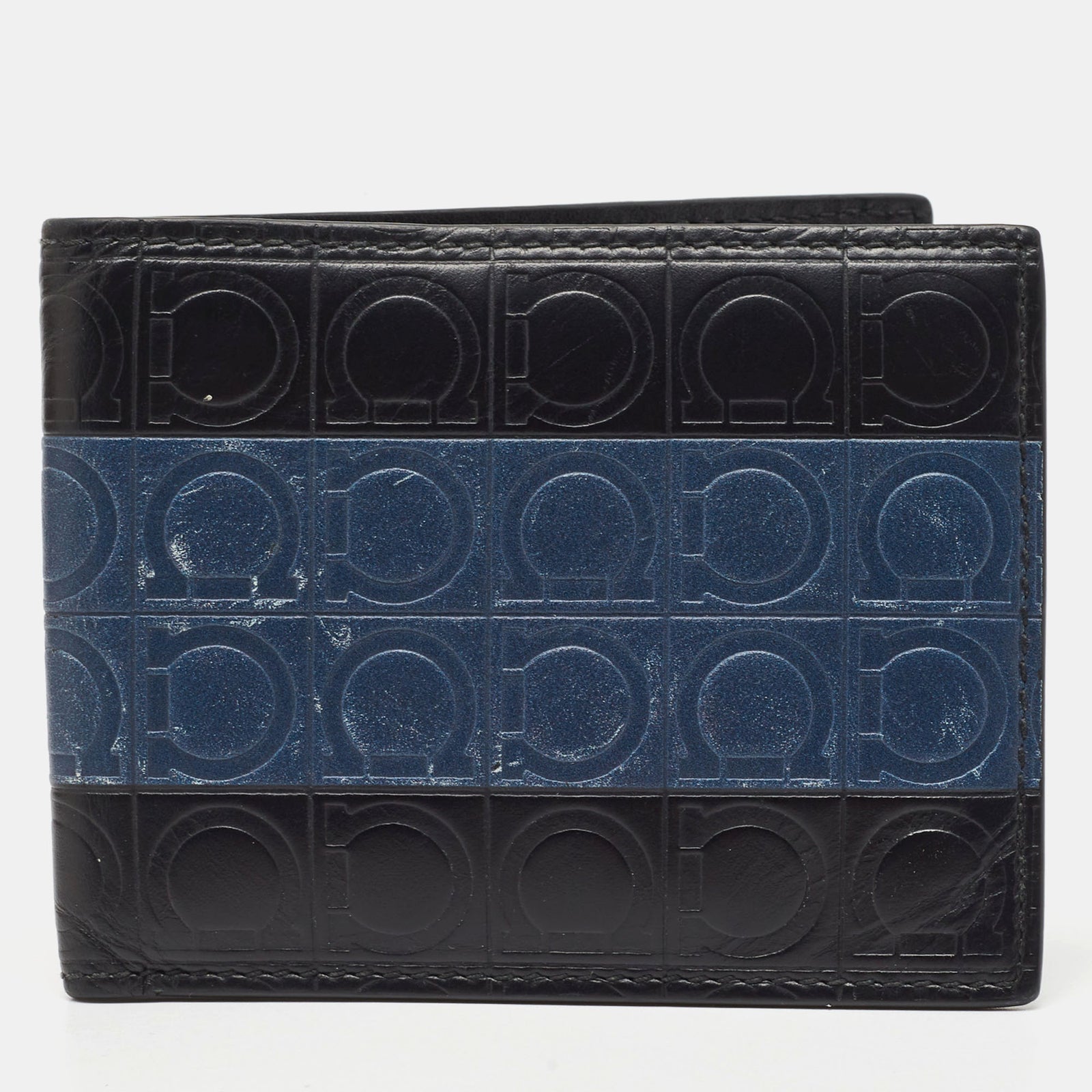 Salvatore Ferragamo Black/Blue Logo Embossed Leather Bifold Wallet