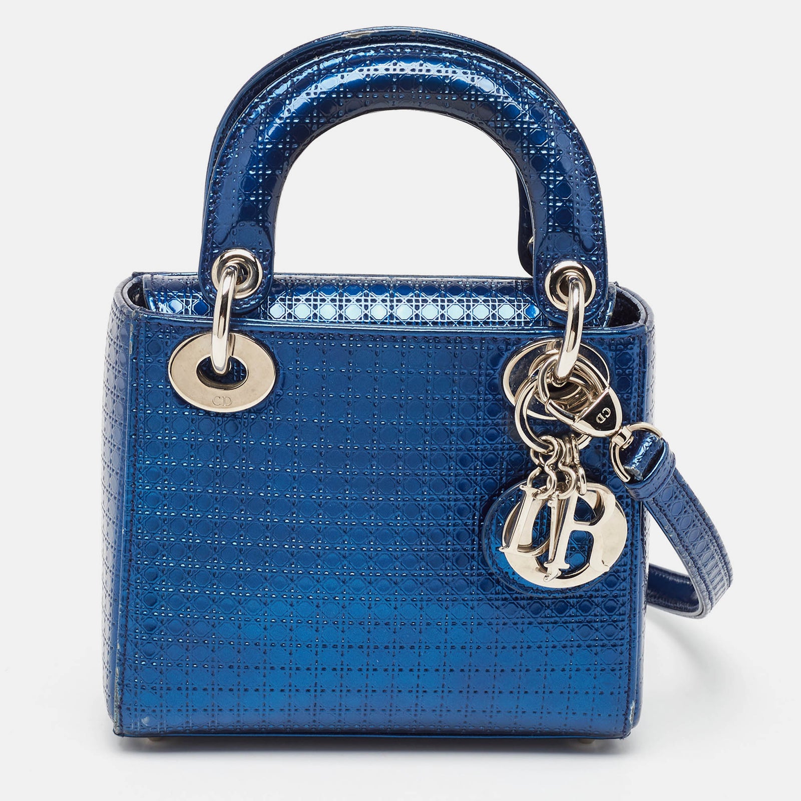 Dior Metallic Blue Microcannage Patent Leather Mini Lady Tote