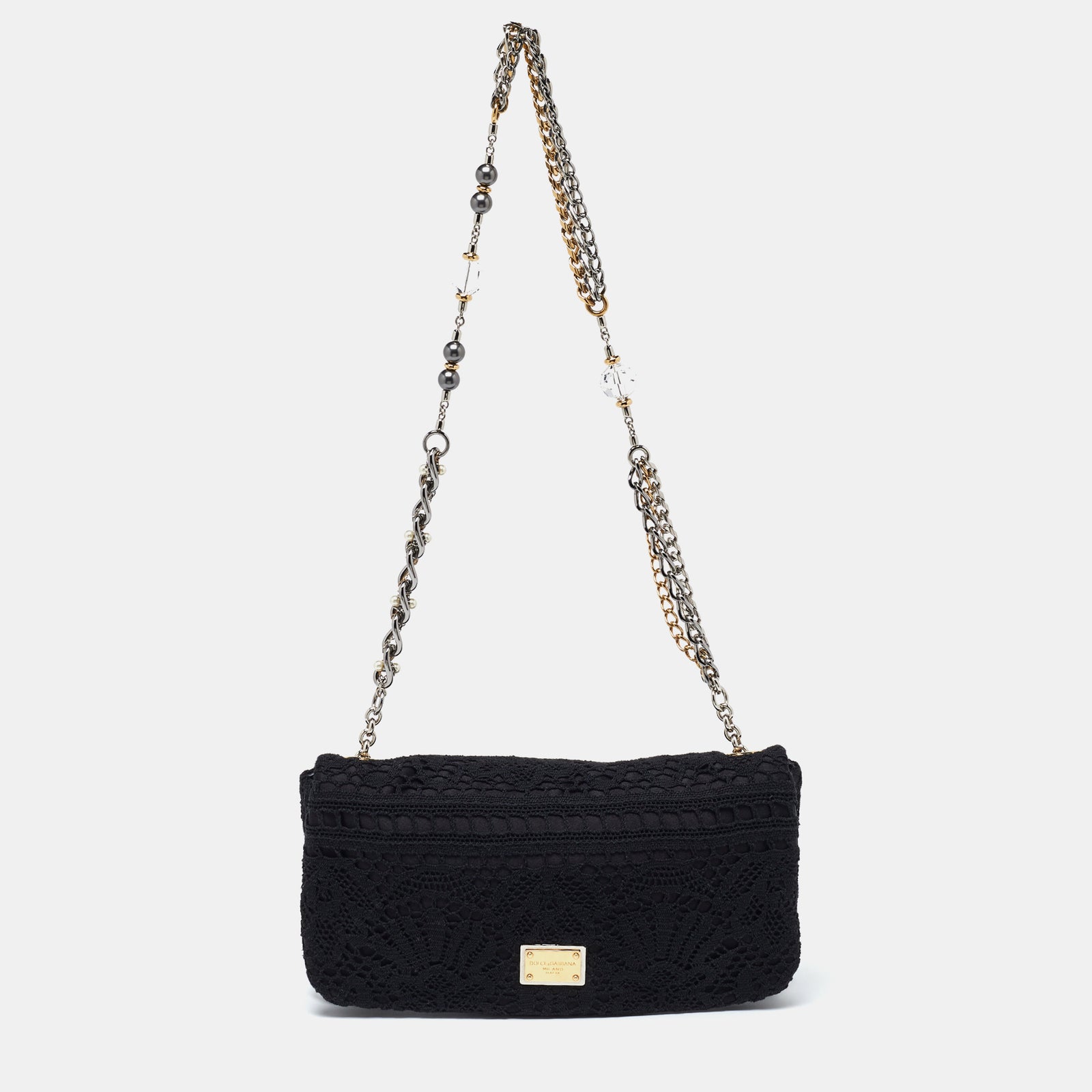 Dolce & Gabbana Black Lace Chain Flap Shoulder Bag