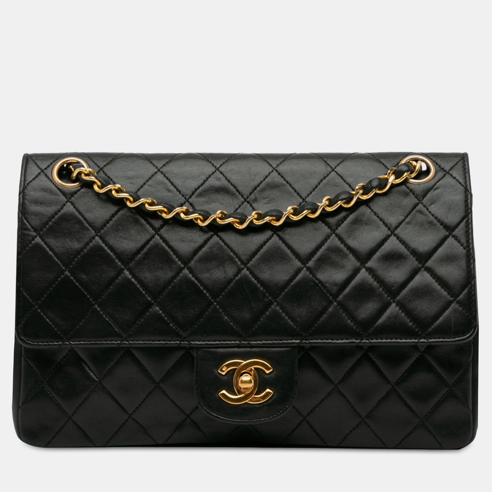 Chanel Portefeuille à rabat double en cuir d'agneau matelassé de taille moyenne