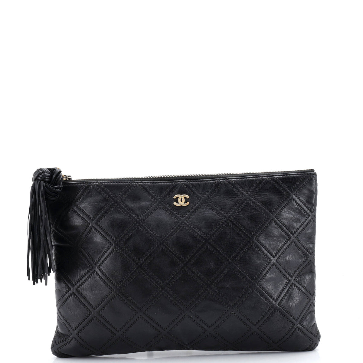 Chanel CHANEL Diamond Double Stitch O Case Clutch Quilted Calfskin Large