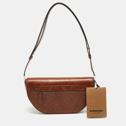 Brown TB Embossed Leather Small Olympia Shoulder Bag