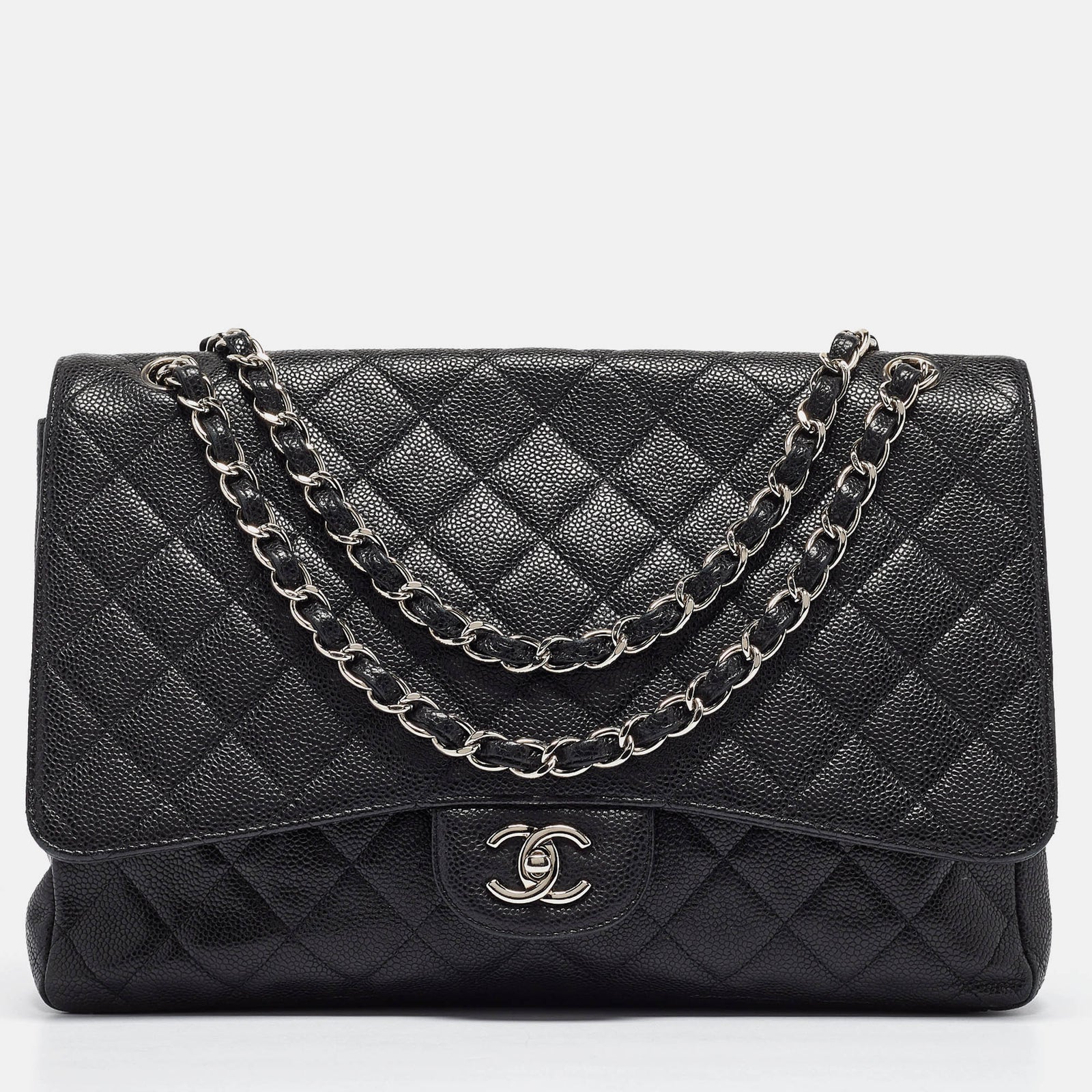 Chanel Sac à rabat classique maxi en cuir caviar matelassé noir