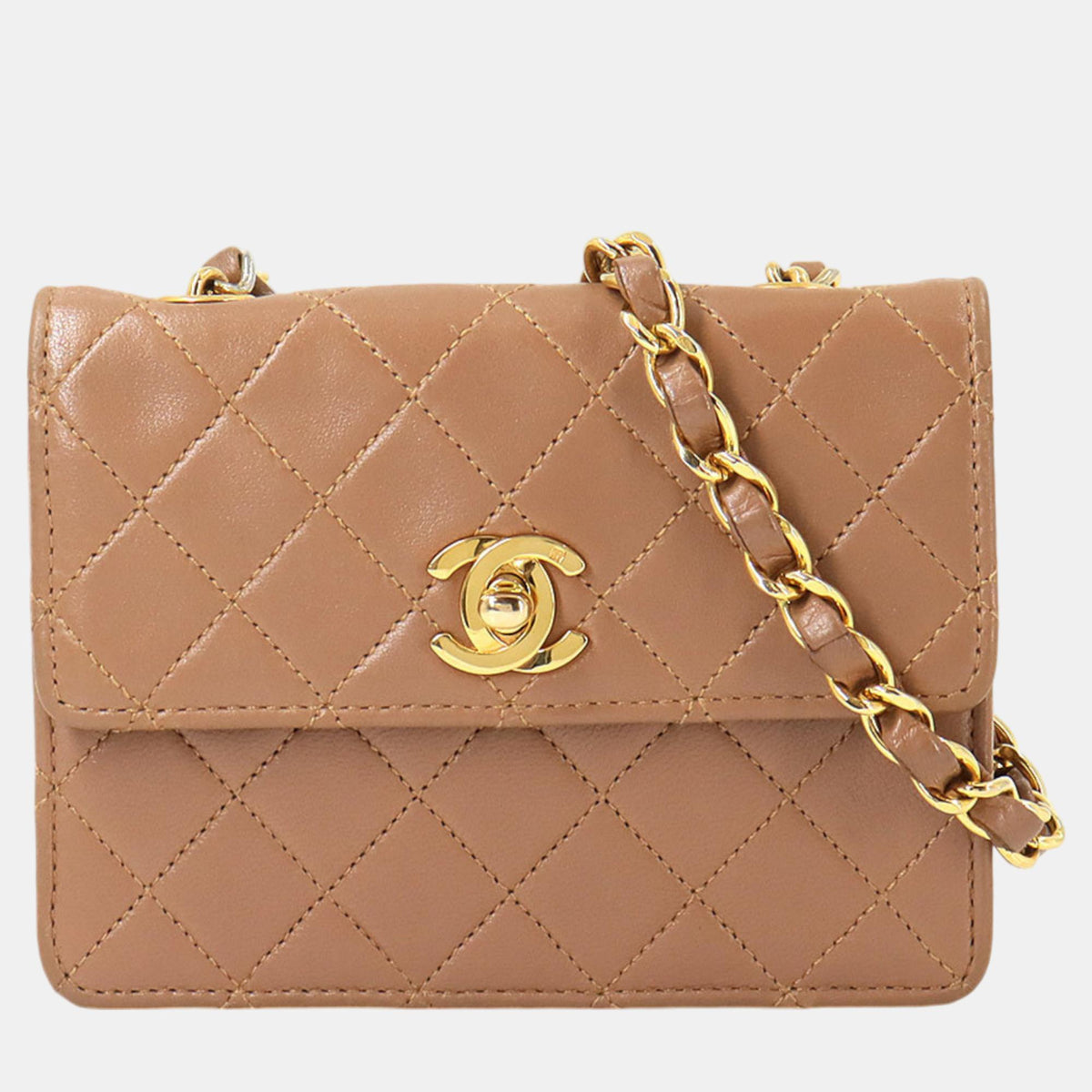 Chanel Pink Brown Gold Leather Matelasse Chain Shoulder Bag