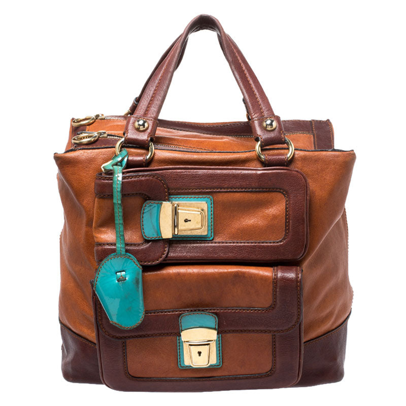 Dolce & Gabbana Brown/Turquoise Leather Push Lock Satchel