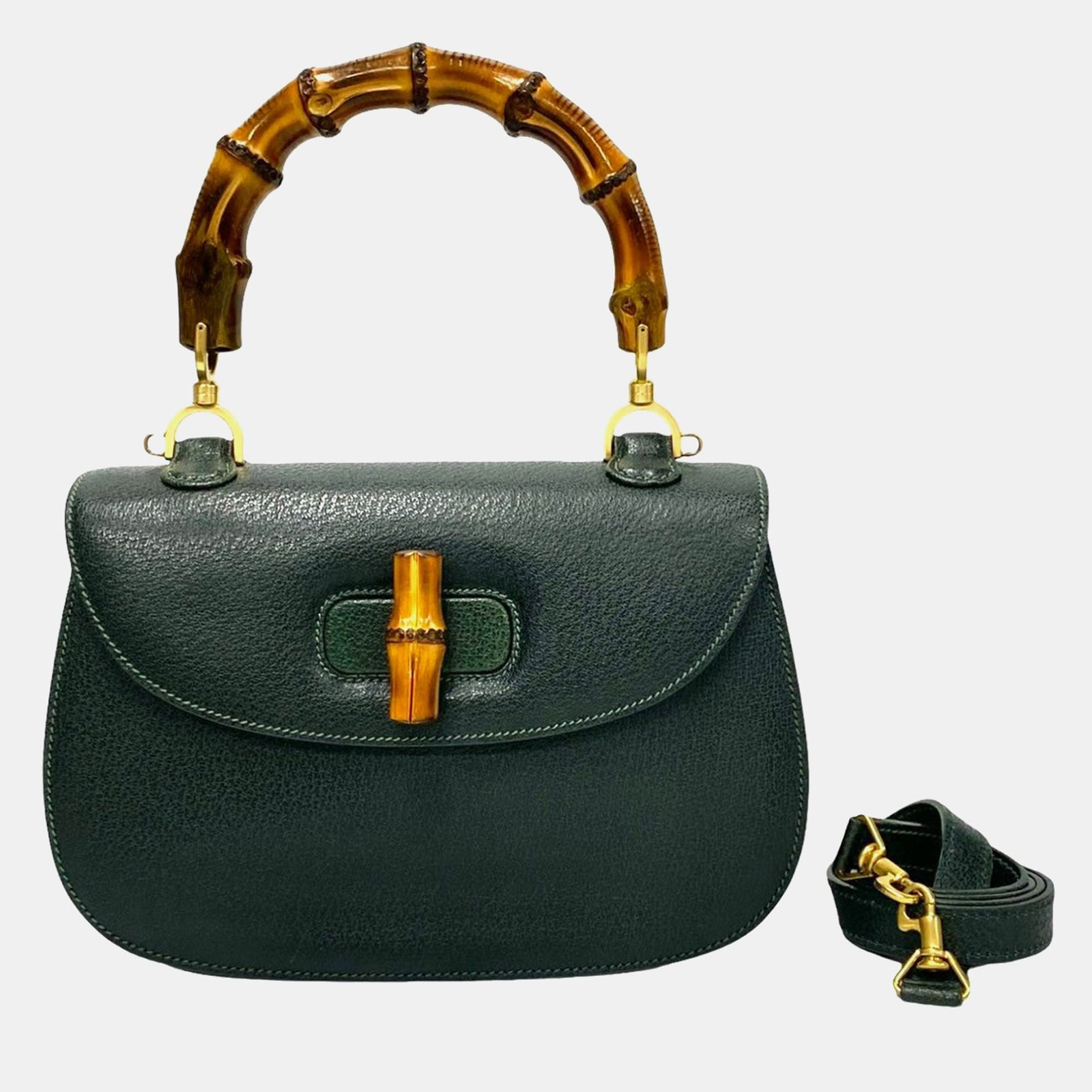 Gucci Sac à bandoulière en cuir vert et bambou