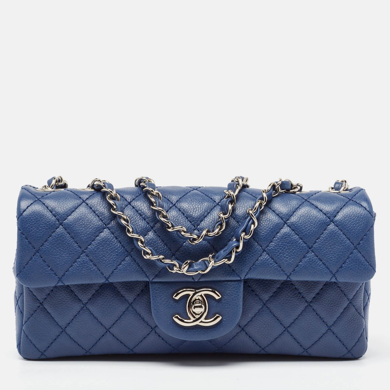 Chanel Blue Quilted Caviar Leather East/West Classic Flap Bag