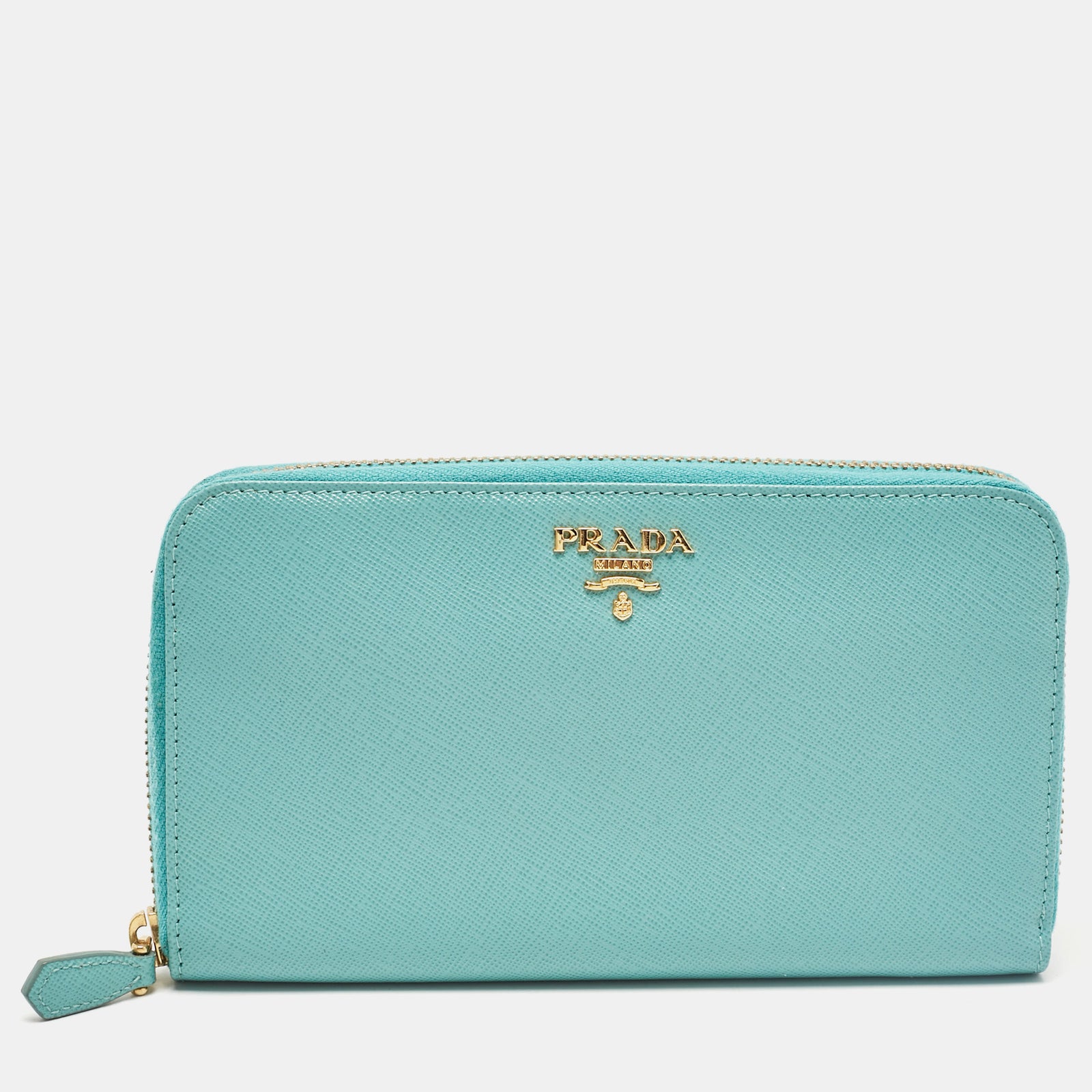 Prada Turquoise Saffiano Metal Leather Zip Continental Wallet