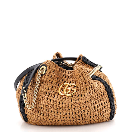 GUCCI GG Marmont Chain Tote Raffia Small