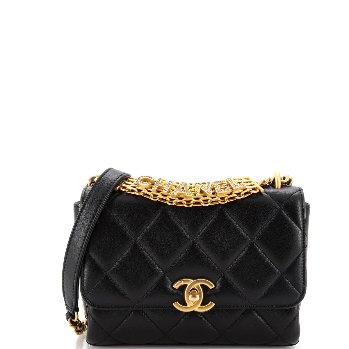 Chanel CHANEL Crystal Logo Letters Chain Handle Flap Bag Quilted Lambskin Mini