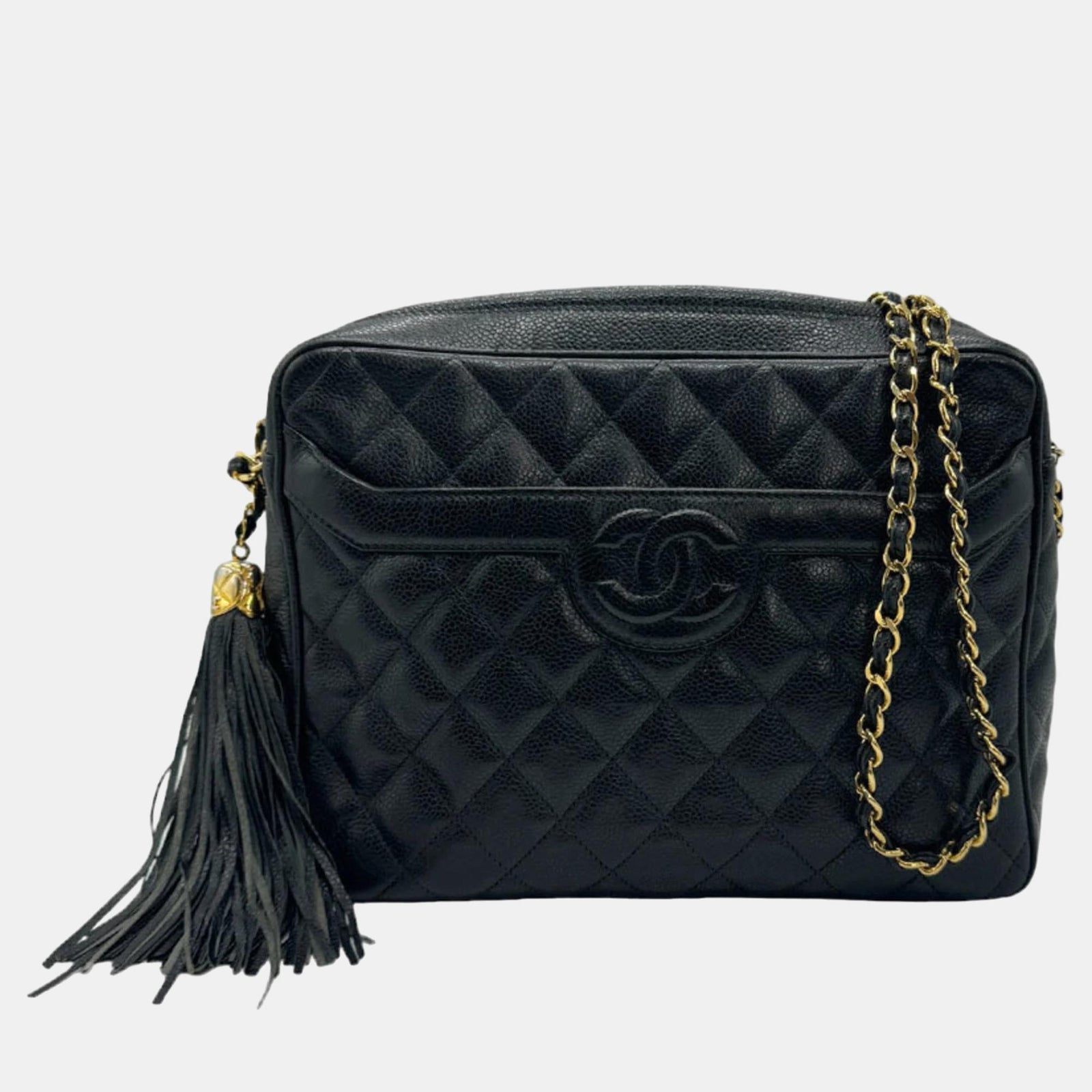 Chanel Sac pour appareil photo vintage en cuir caviar matelassé noir avec poche avant