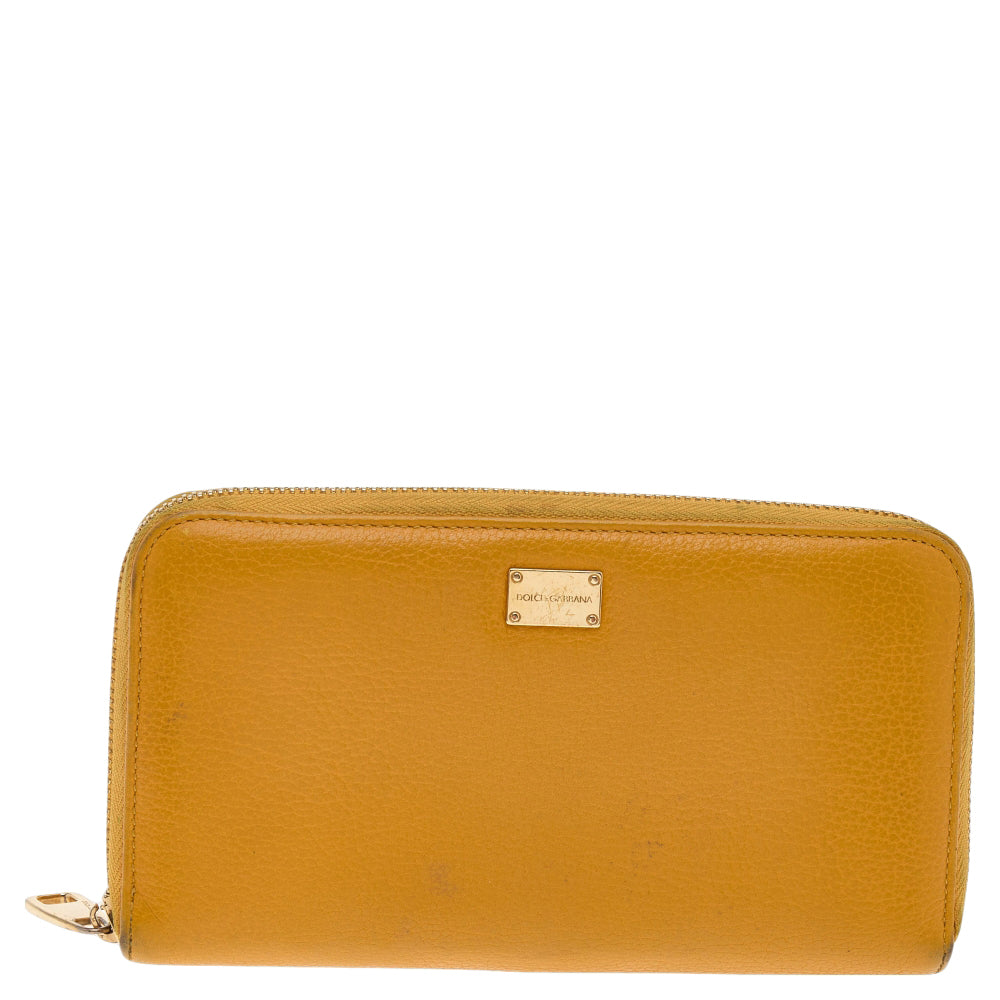 Dolce & Gabbana Yellow Leather Zip Around Wallet