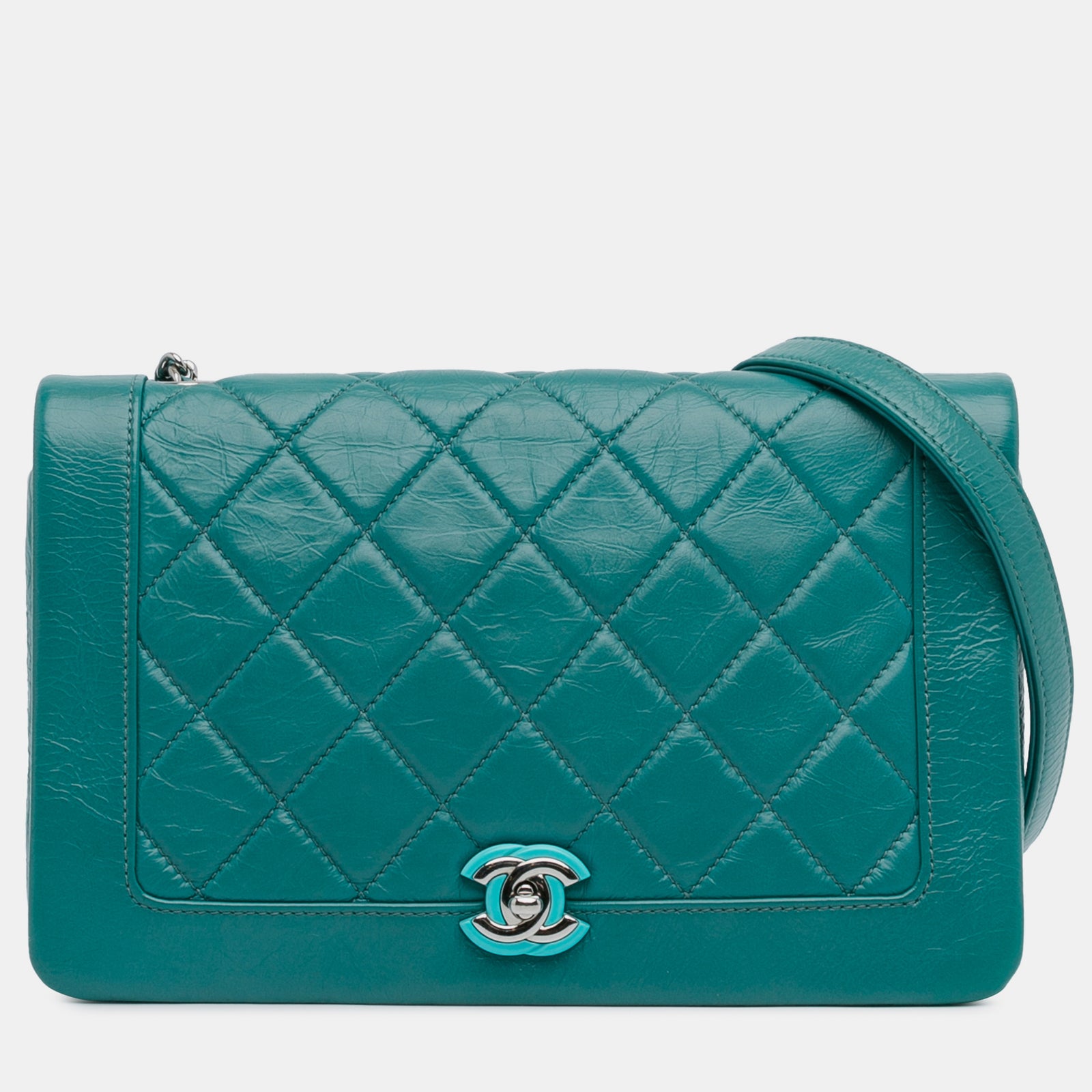 Chanel Sac à rabat vintage en cuir de veau froissé turquoise bi-matière